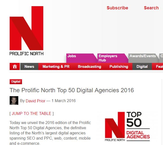 The Prolific North Top 50 Digital Agencies 2016